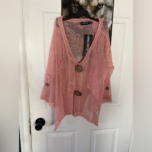 Nina Leonard Light Pink Crochet Mesh Cardigan with Decorative Buttons. Size L - Picture 2 of 3